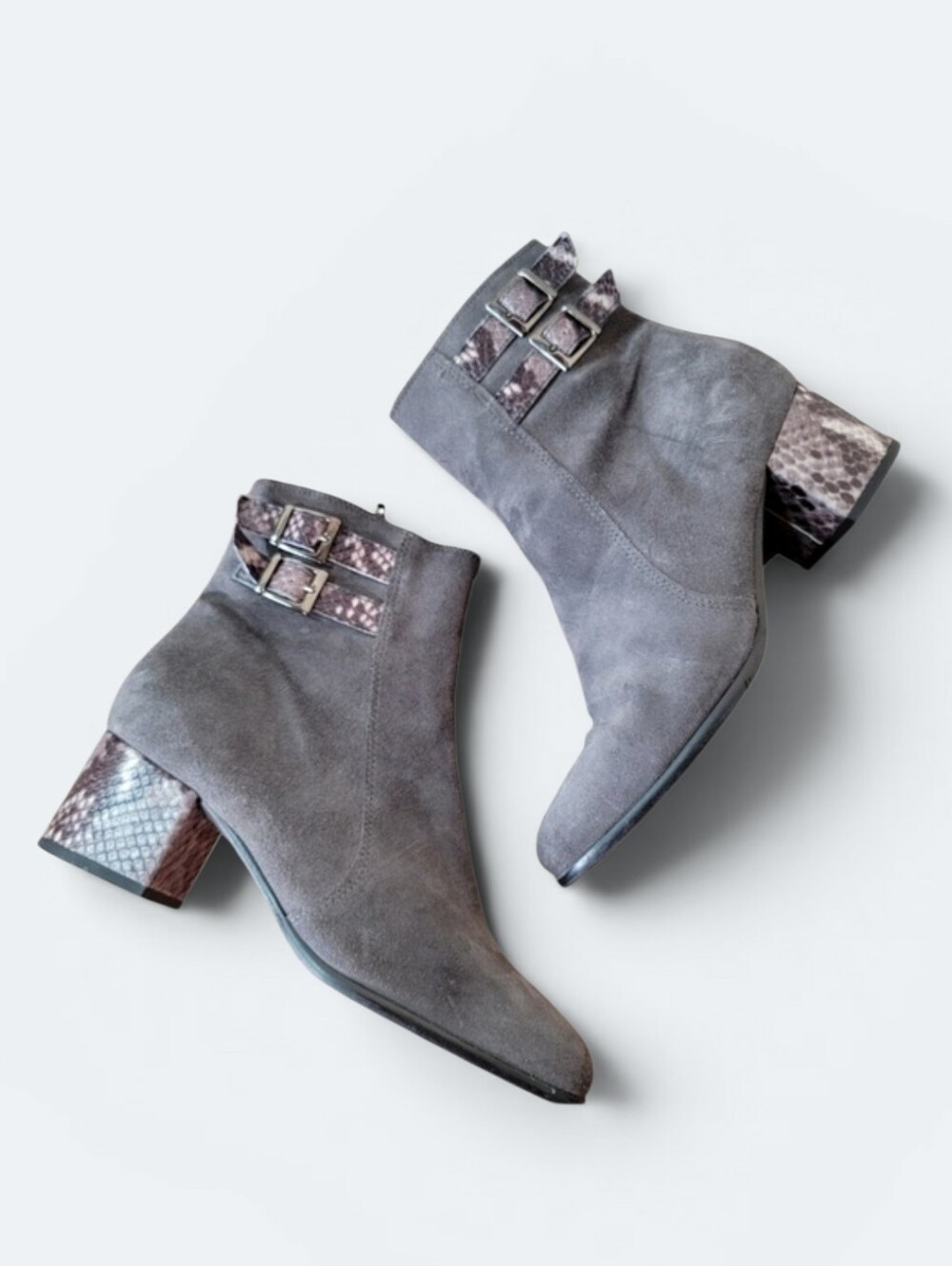 Pam Project Grey Suede Ankle Booties Snakeskin Block Heel Size 38 US 7.5